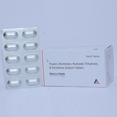 Product Name: DECLAN FORTE, Compositions of DECLAN FORTE are Trypsin, Bromelain, Rutoside Trihydrate, & Diclofenac Sodium Tablets - Alencure Biotech Pvt Ltd
