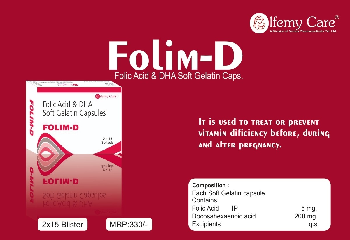 Product Name: Folim D, Compositions of Folim D are Folic Acid and DHA Soft Gelatin Capsules - Olfemy Care
