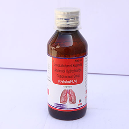 Product Name: Belokuf LS, Compositions of Belokuf LS are Levosalbutamol Sulphate Ambroxol Hydrochloride Guaiphenesin Syrup - Eviza Biotech Pvt. Ltd