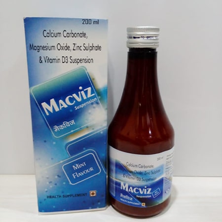 Product Name: Macviz, Compositions of Macviz are Calcium Carbonate Magnesium Oxide Zinc Sulphate & Vitamin D3 Suspension - Soinsvie Pharmacia Pvt. Ltd