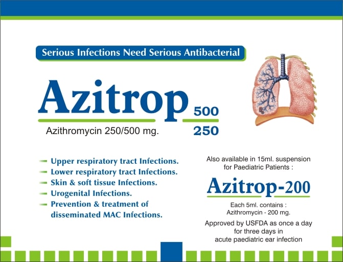 Product Name: Azitrop, Compositions of Azitrop are Azithromycin250/ 500 mg. - Biotropics Formulations