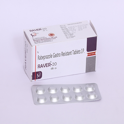 Product Name: RAVER 20, Compositions of RAVER 20 are Rabeprazole Gastro Resistant Tablets IP - Biomax Biotechnics Pvt. Ltd