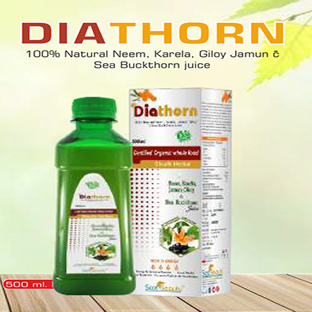 Product Name: Diathorn, Compositions of Diathorn are 100% Natural Neem,Kerala,Giloy Jamun & Sea Buckthorn juice - Scothuman Lifesciences