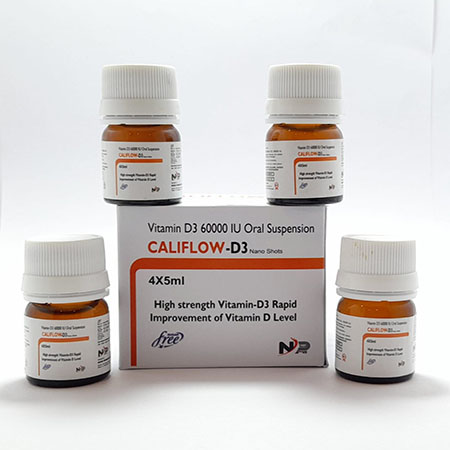 Product Name: Califlow D3, Compositions of Califlow D3 are Vitamin D3 60000 IU Oral Suspension - Noxxon Pharmaceuticals Private Limited