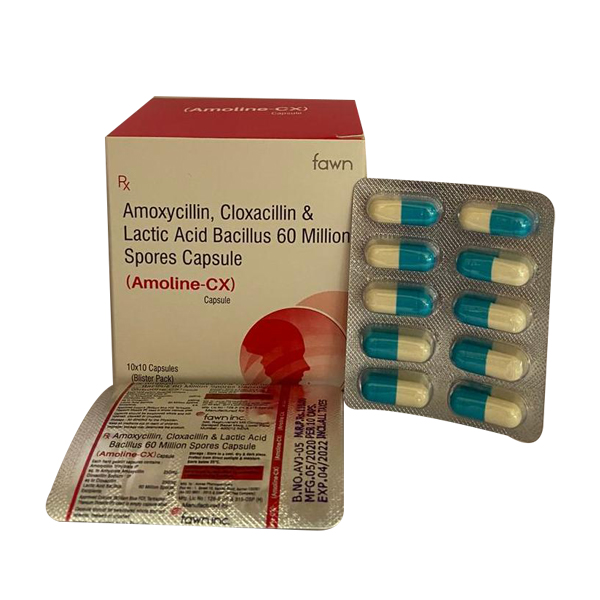 Product Name: AMOLINE CX, Compositions of Amoxycillin 250 mg + Cloxacillin 250 mg Lactid Acid Bacillus 2.5 Million Spores are Amoxycillin 250 mg + Cloxacillin 250 mg Lactid Acid Bacillus 2.5 Million Spores - Fawn Incorporation