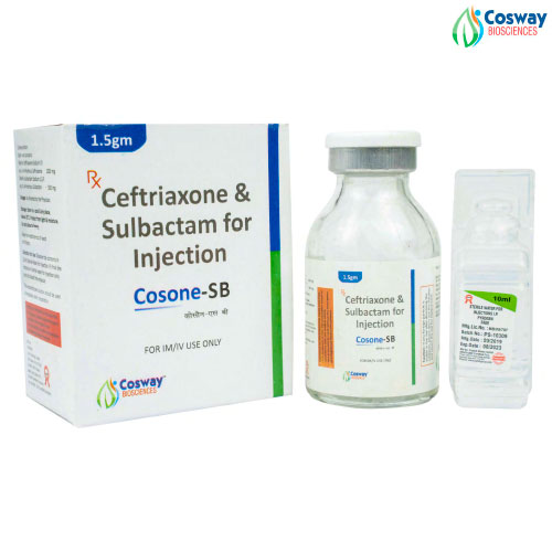 Product Name: COSONE SB, Compositions of COSONE SB are CEFTRIAXONE  SULBACTUM 1.5 GM - Cosway Biosciences