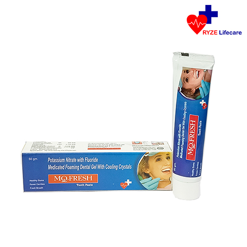 Product Name: MQ FRESH TOOTHPASTE, Compositions of MQ FRESH TOOTHPASTE are Potassium Nitrate with Fluoride Medicated Foaming Dental Gel With Cooling Crystals - Ryze Lifecare
