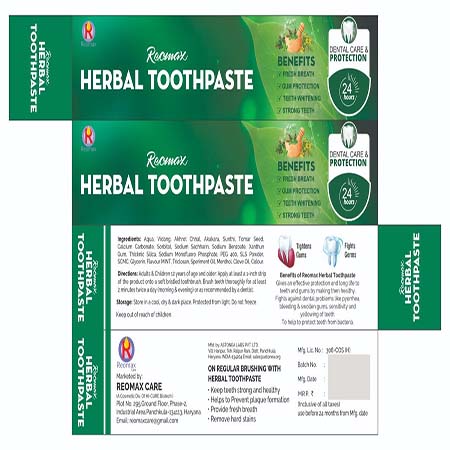 Product Name: Herbal Toothpaste, Compositions of Herbal Toothpaste are Aqua Vidang, Akhrot Chhal, Akakara, Sunthi, Tomar Seeds, Calcium Carbonate Sorbitol, Sodium Saccharin, Sodium Bezoate, Menthol Clove oil - Reomax Care