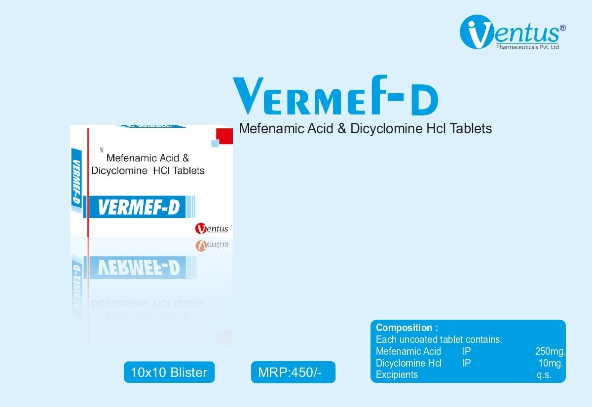 Product Name: Vermef D, Compositions of Vermef D are Mefenamic Acid and Dicyclomine Hcl Tablets - Olfemy Care