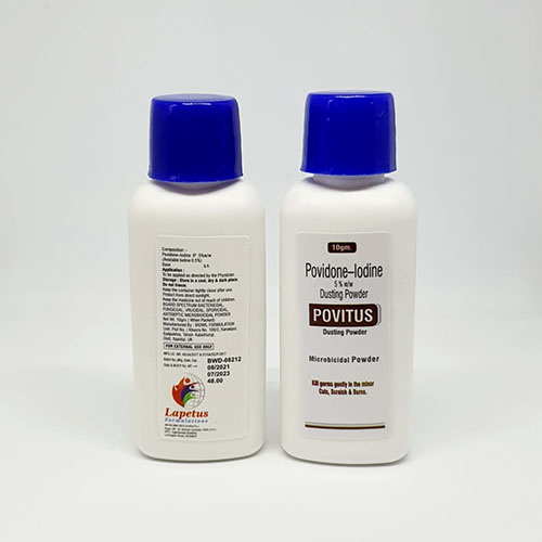 Product Name: Povitus, Compositions of Povitus are Pivodine-Iodine 5% w/w Dusting Powder - Pride Pharma