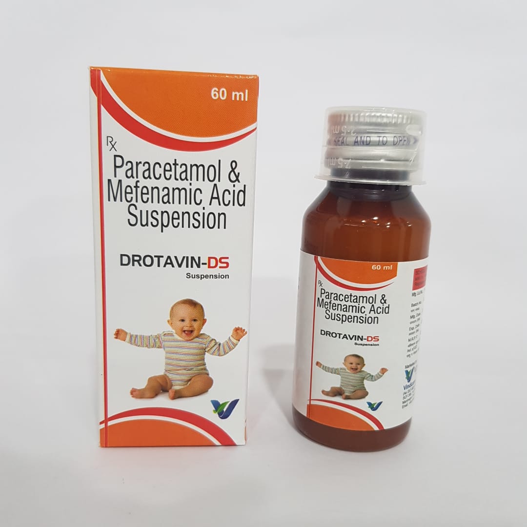 Product Name: Drotavin ds, Compositions of Drotavin ds are Paracetamol & Mefenamic Acid Suspension - Vindcare Lifesciences