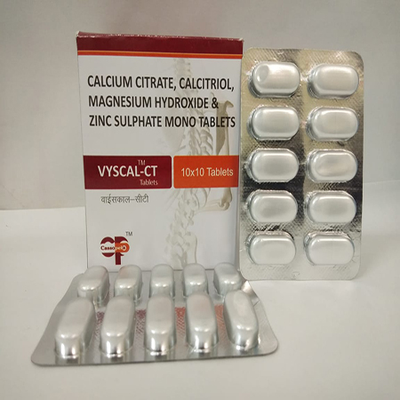 Product Name: Vyscal CT, Compositions of Vyscal CT are Calcium Citrate , Calcitriol, Zinc Sulphate Mono Tablets - Cassopeia Pharmaceutical Pvt Ltd