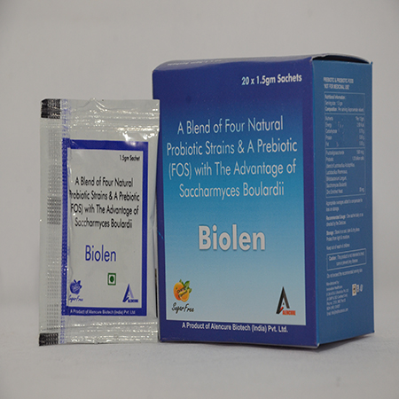 Product Name: BIOLEN SACHET, Compositions of BIOLEN SACHET are Blend of four Natural Probiotic Strains & A Prebiotic (FOS) with the advantages of sacchamyces Boulardii - Alencure Biotech Pvt Ltd