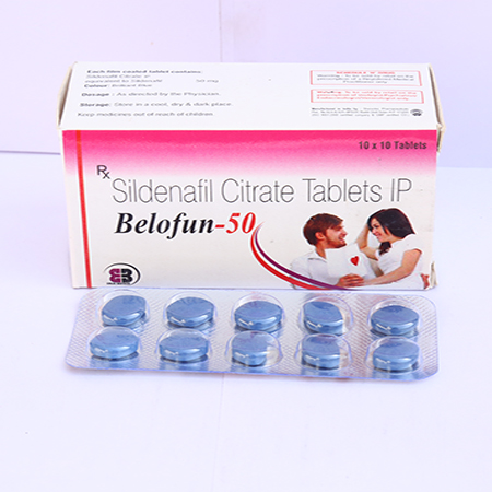 Product Name: Belofun 50, Compositions of Belofun 50 are Slidenafil Citrate Tablets IP - Eviza Biotech Pvt. Ltd