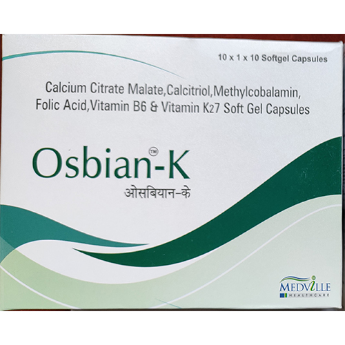 Product Name: Osbian K, Compositions of Osbian K are Calcium Citrate Malate , Calcitriol, Meythylcobalamin, Folic Acid , Vitamin B6 & Vitamin K27  Soft Gel Capsules - Medville Healthcare