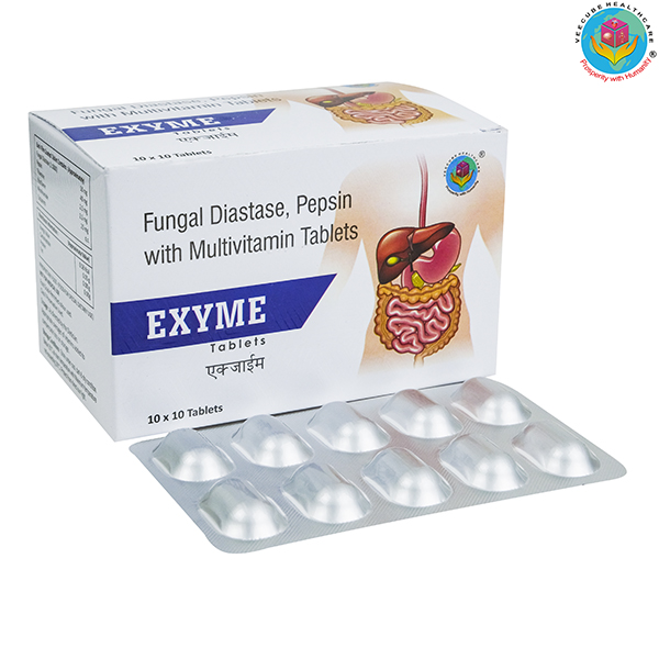 Product Name: EXYME TAB, Compositions of EXYME TAB are Fungal Diasate Pepsin with Multivitamin Tablets - Veecube Healthcare Private Limited