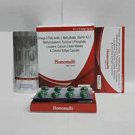 Product Name: Homomulti, Compositions of are Omega-3 Fatty Acid,L-Glutathione,Vitamin k2-7,Methilcobalamin,Pyridoxil 5 phosphate,Lycopene,Calcium Citrate Maleate & CalcitriolSoftgel Capsules - Abigail Healthcare