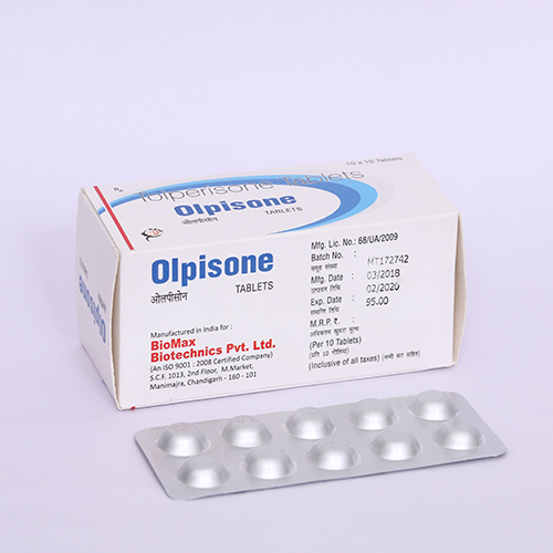 Product Name: OLPISONE, Compositions of are Tolperisone Tablet - Biomax Biotechnics Pvt. Ltd