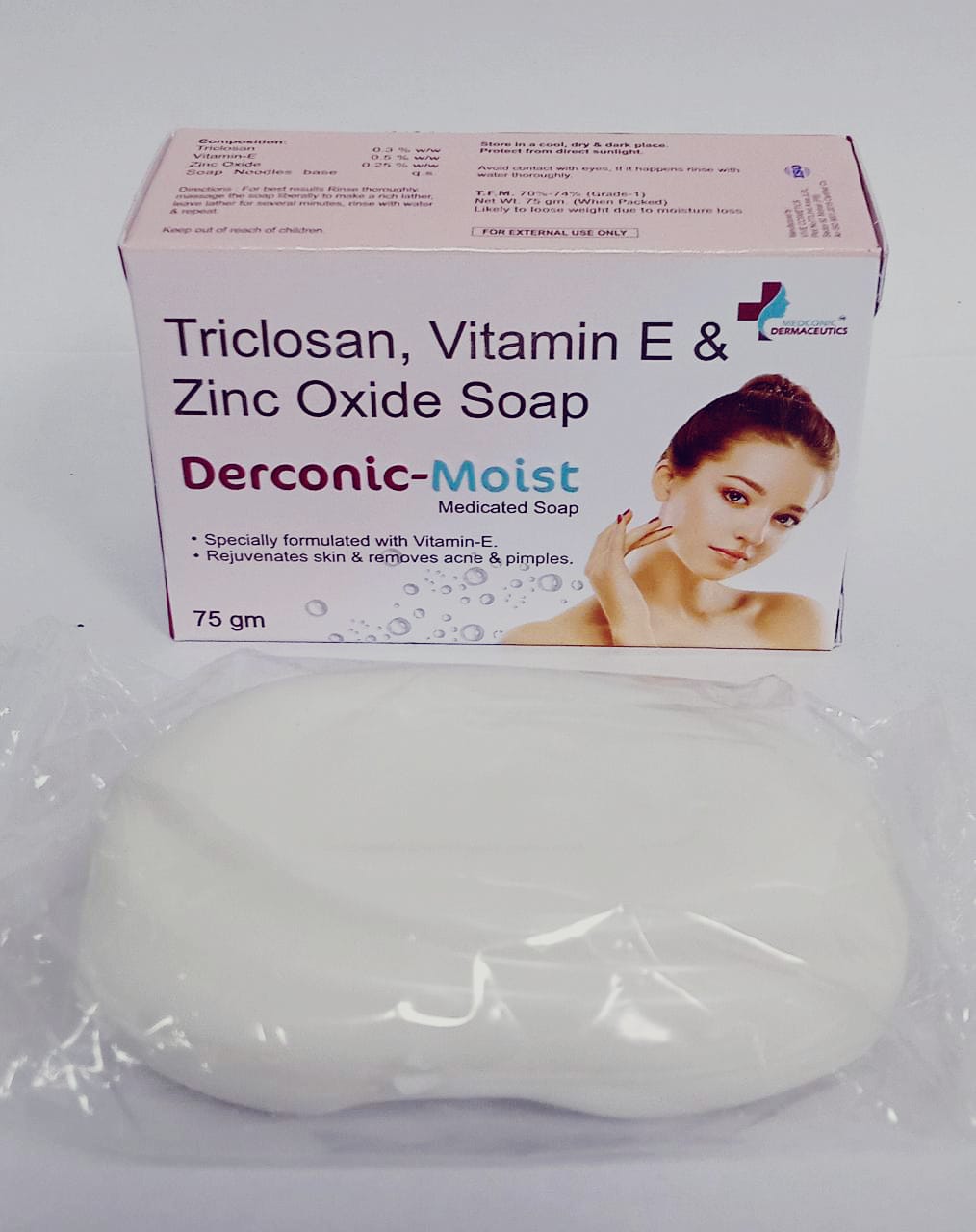 Product Name: Derconic Moist, Compositions of Derconic Moist are Triclosan,Vitamin E & Zinc Oxide Soap - Ronish Bioceuticals