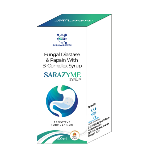 Product Name: Sarazyme, Compositions of Sarazyme are Fungal Diastase & B-Complex Syrup - Sushma Biotech
