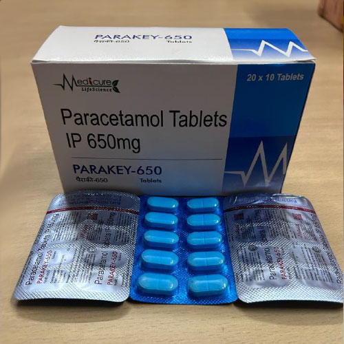 Product Name: parakey 650, Compositions of parakey 650 are Paracentamol Tablets IP 650mg - Medicure LifeSciences