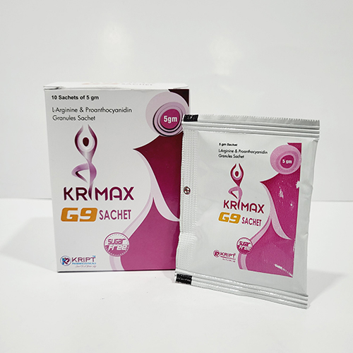 Product Name: KRIMAX G9 SACHET, Compositions of KRIMAX G9 SACHET are L-Arginine & Proanthocyanidin Granules Sachet - Kript Pharmaceuticals