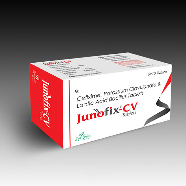 Product Name: Junofix CV, Compositions of Junofix CV are Cefixime, Potassium Clavulanate & Lactic Acid Bacillus Tablets - Zynovia Lifecare
