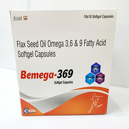 Product Name: Bemega 369, Compositions of are Flacx Seed Oil Omega 3,6 and 9 Fatty Acid Softgel Capsules - Bkyula Biotech
