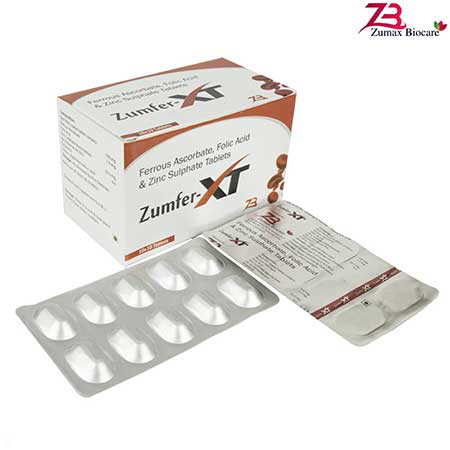 Product Name: Zumex XT, Compositions of Zumex XT are Ferrous Ascorbate,Folic Acid & Zinc Sulphate Tablets - Zumax Biocare