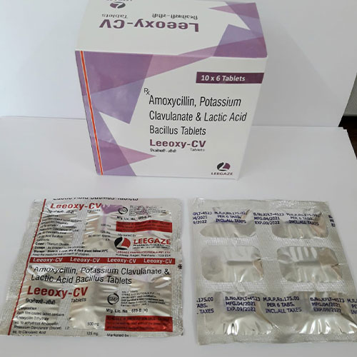 Product Name: Leeoxy CV, Compositions of Leeoxy CV are Amoxycillin, Potassium Clavulanate & lactic acid Bacillus - Leegaze Pharmaceuticals Private Limited