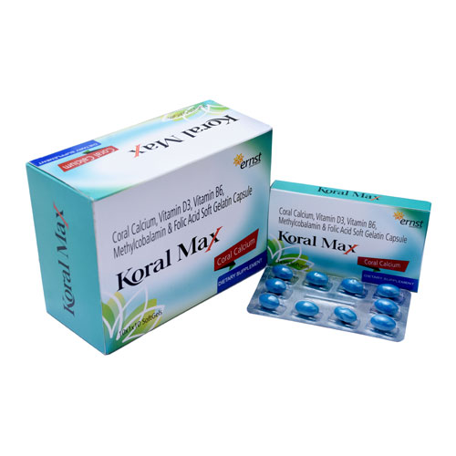Product Name: Koral Max, Compositions of Koral Max are  Coral Calcium 225 mg + Methylcobalamin 1500 mcg + Pyridoxil 5 + Vitamin D3 1000 IU + L-Methyl folate 1mg - Ernst Pharmacia
