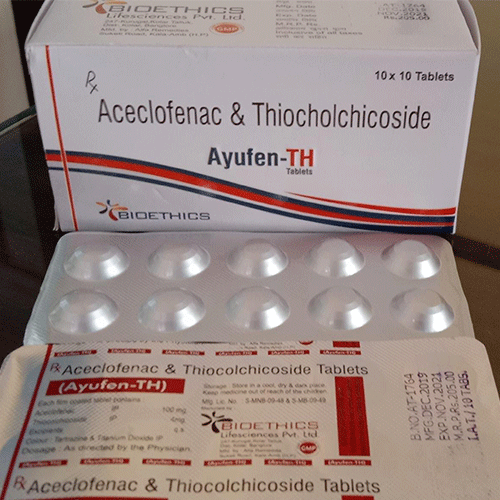 Product Name: Ayufen TH, Compositions of Ayufen TH are Aceclofenac & Thiocholchicoside - Bioethics Life Sciences Pvt. Ltd