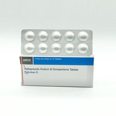 Product Name: RABCLEAR D, Compositions of RABCLEAR D are Rabeprazole Sodium & Domperidone Tablets - Amzor Healthcare Pvt. Ltd