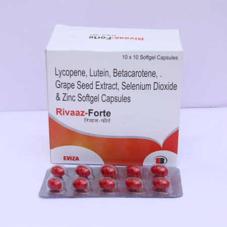 Product Name: Rivaaz Forte, Compositions of Rivaaz Forte are Lycopene, Leutin, Betacarotene, Grape Seed Extract, Selenium Dioxide & Zinc Siftgel Capsules - Eviza Biotech Pvt. Ltd