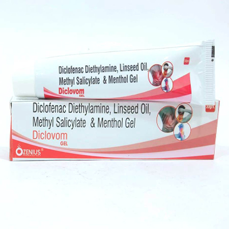 Product Name: DICLOVOM GEL, Compositions of DICLOVOM GEL are Diclofenac Diethylamine, Linseed Oil, Methyl Salicylate & Menthol Gel - Ozenius Pharmaceutials