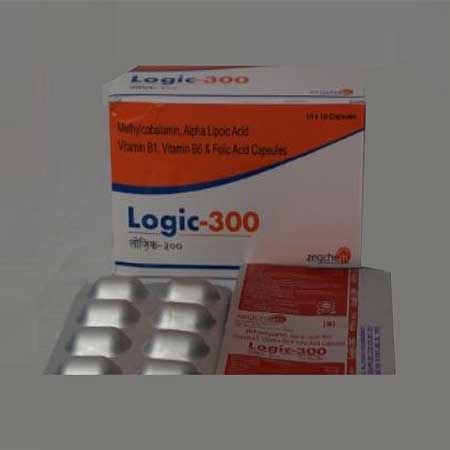 Product Name: Logic 300, Compositions of Logic 300 are Methylcobalamin,Alpha Lipoic Acid Vitamin B1,Vitamin B6 & Folic Acid Capsules - Zegchem