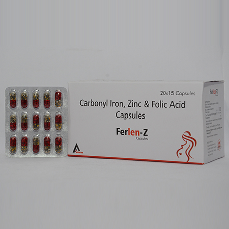 Product Name: FERLEN Z, Compositions of FERLEN Z are Carbonyl Iron, Zinc & Folic Acid Capsules - Alencure Biotech Pvt Ltd