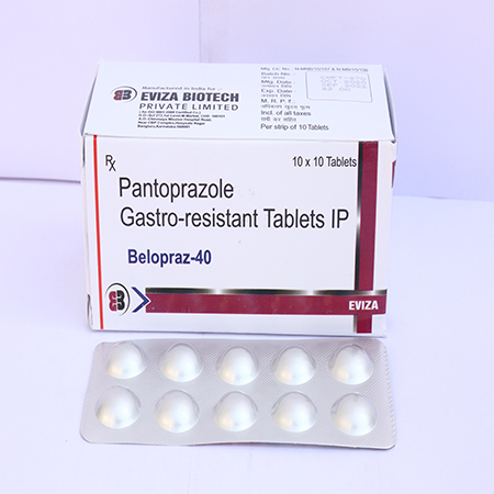 Product Name: Belopraz 40, Compositions of Belopraz 40 are Pantoprazole Gastro-resistant Tablets IP - Eviza Biotech Pvt. Ltd