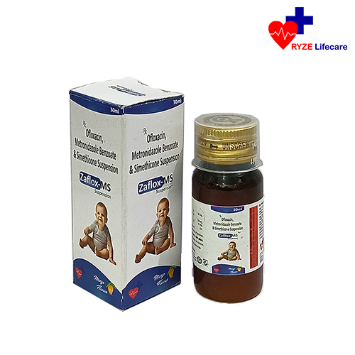 Product Name: Zaflox MS, Compositions of Zaflox MS are Ofloxacin Metronidazole Benzate & Simethicone Suspension  - Ryze Lifecare