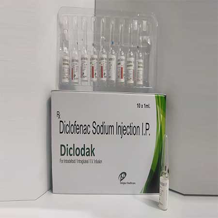 Product Name: Diclodak, Compositions of Diclodak are Diclofenac Sodium Injection IP - Dakgaur Healthcare