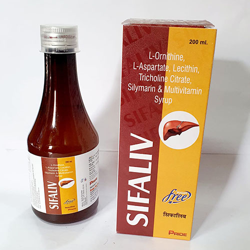 Product Name: Sifaliv, Compositions of Sifaliv are L-Ornitine L-Aspartate,Lecithin,Tricholine Citrate,Silymarin & Multivitamin Syrup - Pride Pharma
