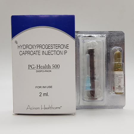 Product Name: PG Health 500, Compositions of PG Health 500 are Hydroxyprogesterone Caproate Injection IP - Acinom Healthcare