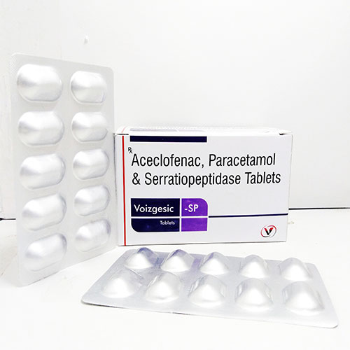 Product Name: Voizgesic SP, Compositions of Voizgesic SP are  Aceclofenac 100mg+Paracetamol 325mg+Serratiopeptidase 15mg - Voizmed Pharma Private Limited