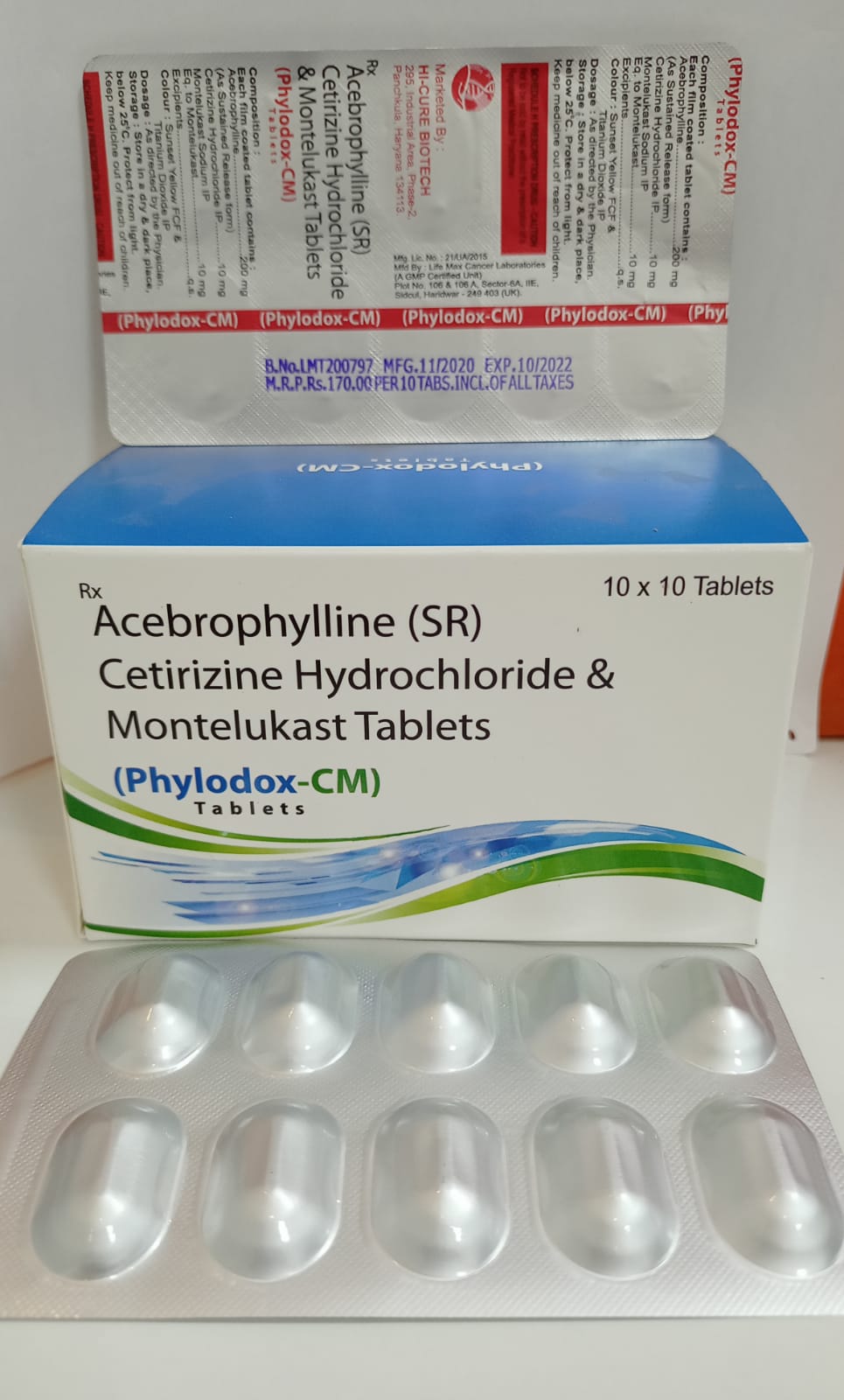 Product Name: PHYLODOX CM, Compositions of PHYLODOX CM are ACEBROPHYLLINE 200MG (SR), CETRIZINE 10MG, MONTELUKAST 10MG - Reomax Care