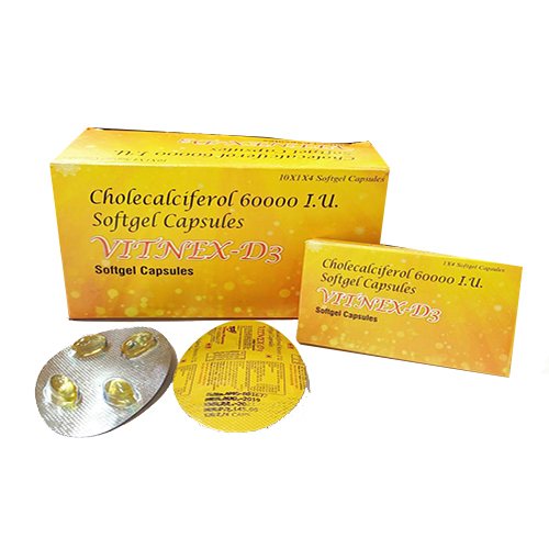 Product Name: VITNEX D3, Compositions of VITNEX D3 are Cholecalciferol 60000 IU Softgel Capsules - Tecnex Pharma