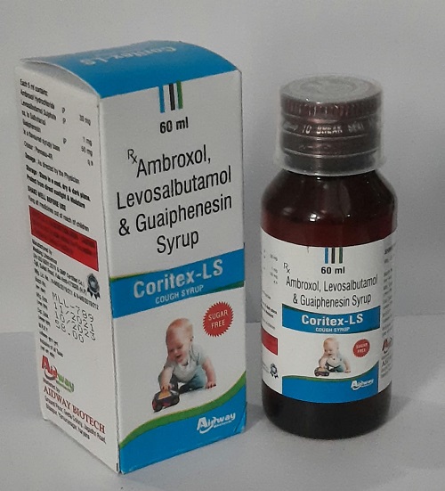 Product Name: Coritex LS, Compositions of Coritex LS are Ambroxol Levosalbutamol & Guaiphenesin Syrup - Aidway Biotech