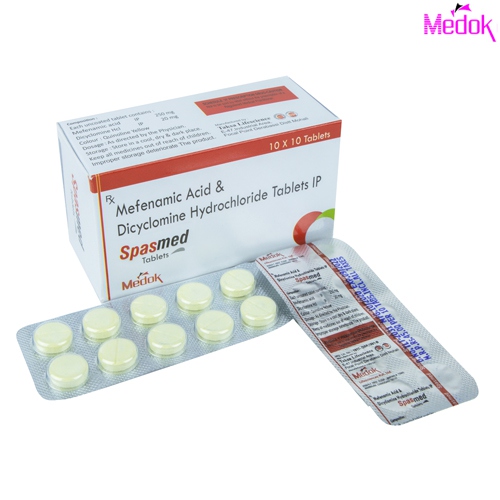 Product Name: Spasmed, Compositions of Spasmed are Mefenamic acid & dicyclomine hydrochloride tablets IP - Medok Life Sciences Pvt. Ltd
