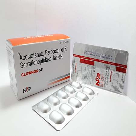 Product Name: CLOWNOX SP, Compositions of CLOWNOX SP are Aceclofenac, Paracetamol and Serratiopeptidase Tablets - Noxxon Pharmaceuticals Private Limited