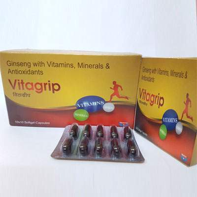 Product Name: Vitagrip softgel capsules, Compositions of Vitagrip softgel capsules are Ginseng with Vitamins,  Minerals & Antioxidents - Cubic Lifesciences Private Limited