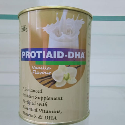 Product Name: Protiaid DHA, Compositions of Protiaid DHA are Vanila Flavour with Vitamins minerals & DHA - Associated Biopharma